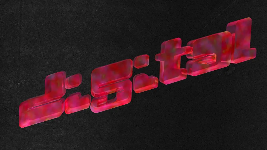 Red translucent 3D text on dark background