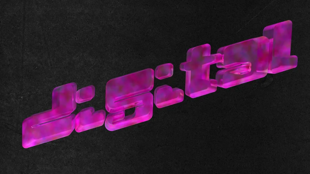 Texto 3D translúcido rosa sobre fondo oscuro